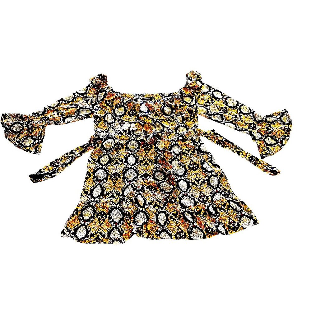 Boohoo Snakeskin Print Ruffle Mini Dress Long Sleeve Bold Party Fashion Look - Picture 2 of 15